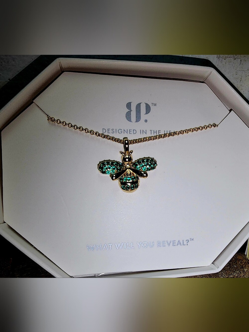 Gold Bee Pendant Necklace with Emerald Green Accents